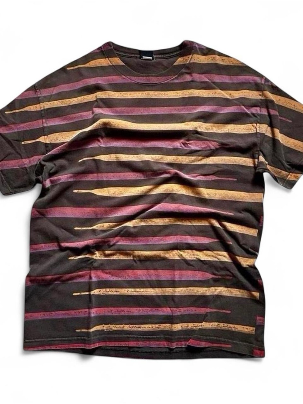 Vintage Lakai Striped Crewneck T-Shirt in Black with Maroon & Gold Accents XL